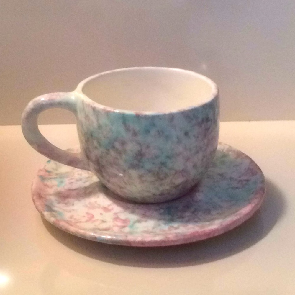 Artisan Handmade Ceramic Cup & Saucer – Blue, Rose & Cream